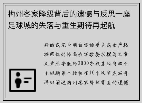 梅州客家降级背后的遗憾与反思一座足球城的失落与重生期待再起航