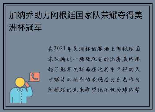 加纳乔助力阿根廷国家队荣耀夺得美洲杯冠军 加纳乔助力阿根廷国家队荣耀夺得美洲杯冠军